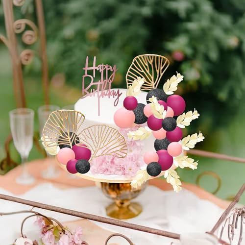 57Pcs Balls Cake Topper Boho Grass Cake topper Pearl Balls Acrylic Happy Birthday Cake Decorations for Wedding Baby Shower Birthday Boho Themed Party Supplies Black Pink Rose Red (Black Pink Rose Red)