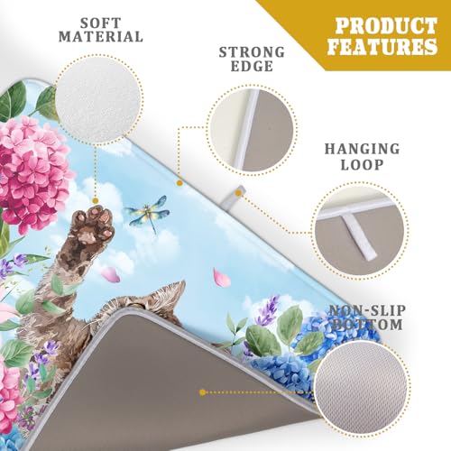 Cute Dish Drying Mats for Kitchen Counter Large 18 X 24 In（Spring Cat Blue） (Colorful Hydrangea Cat / 24" x 18")