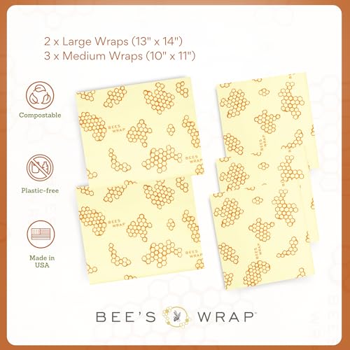 Beeswax Food Wraps (Honeycomb / 2 Large & 3 Medium)