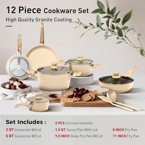 Kitchen Pots and Pans Set (Cream White / 12 Pcs Cookware Set)