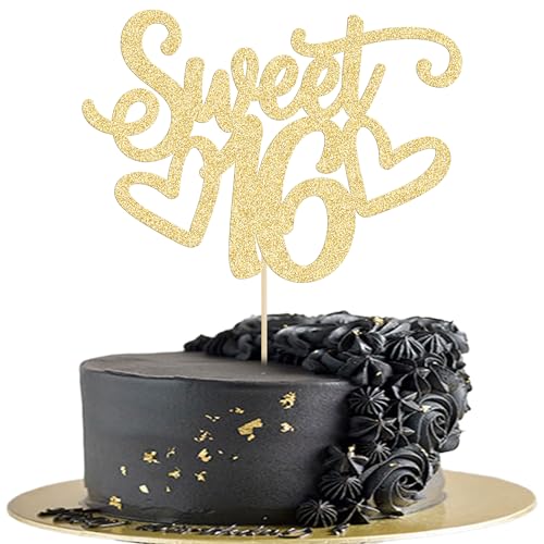 1Pc Sweet Teenager 16 Cake Topper Glitter 16th Birthday Cake Pick for Cheers to 16 Years Old 16th Birthday Party Cake Decorations Supplies Gold (Gold 1pc-teenager)