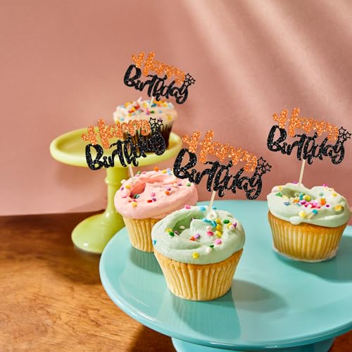 24Pcs Happy Birthday Cupcake Toppers Double Layer Glitter Happy Birthday Cake Decorations for Halloween Baby Shower Theme Anniversary Party Cake Decorations Supplies Black Orange (Style 1 / Black Orange)