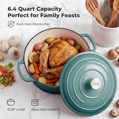 6.4QT Enameled Cast Iron Dutch Oven Pot with Lid (Aventurine / 6.4 Quart)