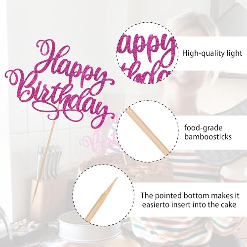 1 PCS Happy Birthday Cake Topper Glitter Happy Birthday Cake Pick for Celebrating Happy Anniversary Party Cake Decorations Supplies Rose Red (Design 2 Rose Red)