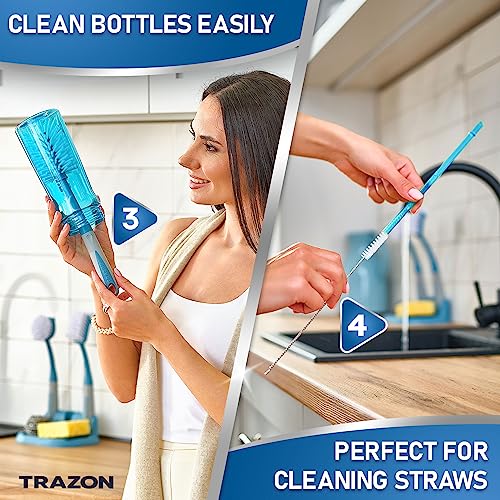 Dish Brush Set of 5 with Convenient Holder (Blue)