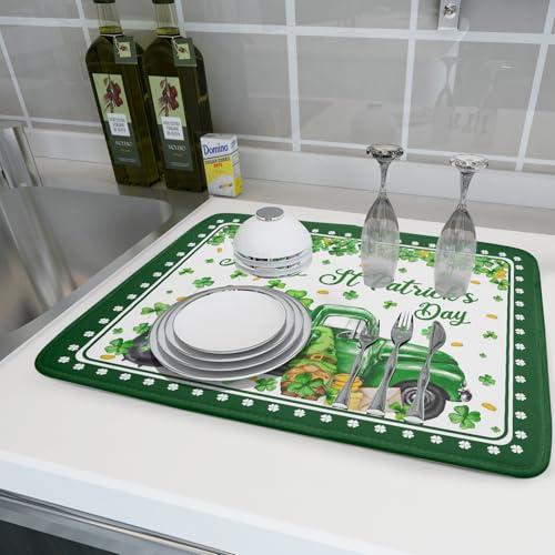 Shamrock Gnome Truck Dish Drying Mat Lucky Clover Dish Drainer Mat 18x24 inch Absorbent Fast Dry Pad for Kitchen Counter Coffee Bar Decor (Shamrock Gnome Truck / 18" x 24")