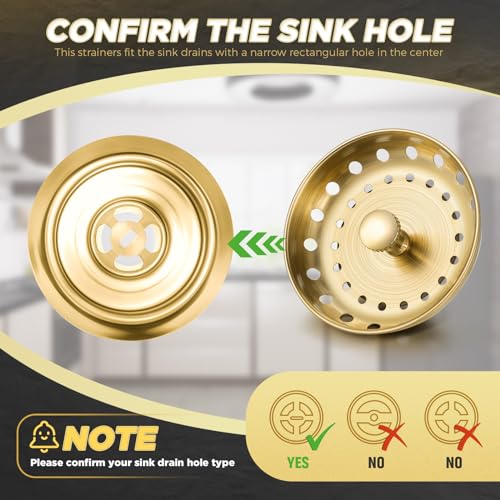 3 Pcs Kitchen Sink Drain Strainer and Stopper Stainless Steel Garbage Disposal Plug with Handle Universal Anti (Brushed Gold)