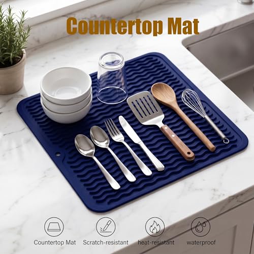 Silicone Dish Drying Mat for Multiple Usage (Navy Blue / 12"L x 12"W)