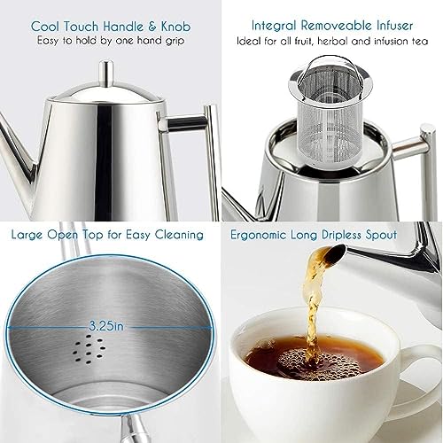 Stainless Steel Teapot with Removeable Infuser 27 oz Stovetop Tea Maker for Fruit Herbal and Infusion Tea (27 oz / Chrome)