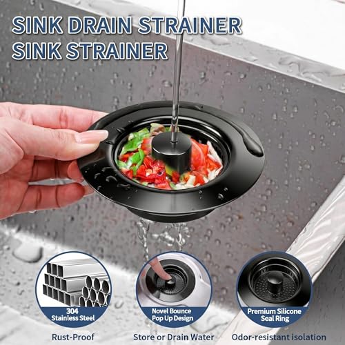 3-in-1 Kitchen Sink Drain Strainer & All-Purpose Sponges, 304 Stainless Steel Sink Stopper Pop-Up Drain Plug with Anti-Clogging Food Catcher Basket, Odor Blocker, Fits US Standard 3-1/2 Inch Sinks (Mattle Black)
