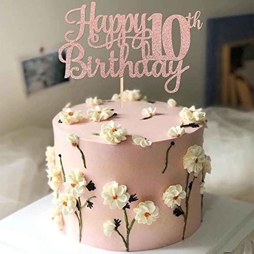 1 PCS Happy 10th Birthday Cake Topper Glitter Cheers to 10 Years Birthday Cake Pick 10 Fabulous Double Digits Cake Decoration for Happy 10th Birthday Theme Party Decorations Supplies Rose Gold (Rose Gold / 10th)