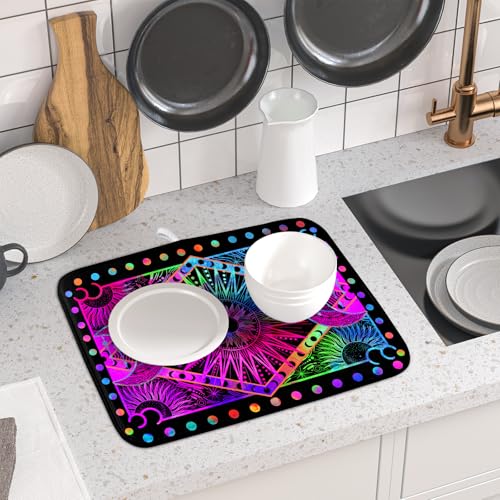 Purple Absorbent Dish Drying Mat Sun and Moon Microfiber Drying Pad for Kitchen Counter Decor Small (Colorful Moon / 18" x 16")