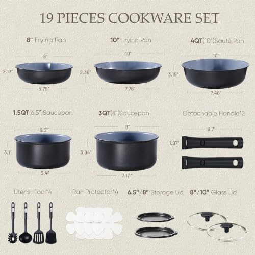 19pcs Ceramic Cookware Set Detachable Handle (Black/Gray / 19 Piece)