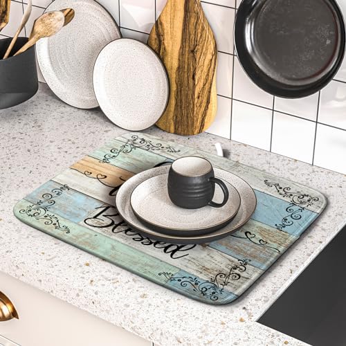 Rustic Wood Dish Drying Mat 16x18 Inch Grateful Thankful Blessed Kitchen Drainer Mats Absorbent Microfiber Rack Holder Countertop Pad (grateful thankful / 16" x 18")