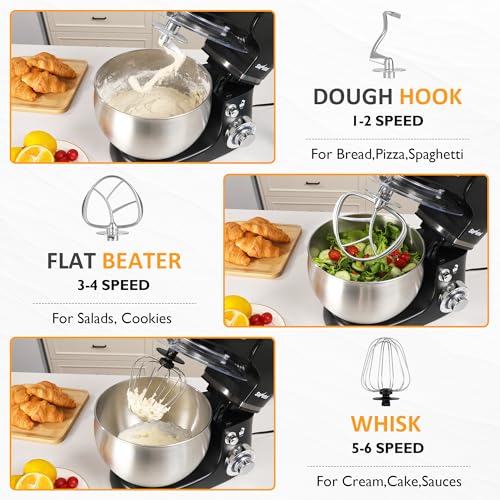 6-in-1 Multifunctional Stand Mixer, 6.5QT Tilt-Head Dough Mixer, Electric Stand Mixer with Stainless Steel Bowl for Cake, Bread, and Dough, with Meat Grinder, Juice Blender & Pasta Maker (Black)