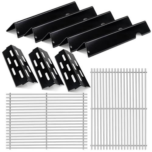 Porcelain Enameled Grill Flavorizer Bar Heat Plates with 2 Pack Stainless Steel Cooking Grates Grill Replacement Parts for Weber Genesis II 300 Series E (Porcelain Steel 3+5+2grate)