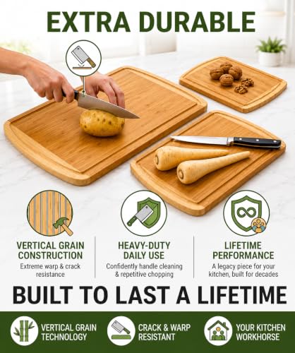 INDESTRUCTIBLE Extra Large Bamboo Cutting Board Set of 3 with Vertical Grain Strength Technology (Two-Tone)
