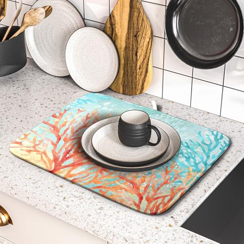 Coastal Coral Dish Drying Mat Beach Ocean Drainer Rack Mat 16x18 Inch Microfiber Absorbent Reversible Dish Dry Pad for Kitchen Counter Sink (Pink Coastal Coral / 16x18 inch)