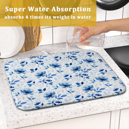 Blue Floral Dish Drying Mat 16x18 inch Flower Leaves Dish Rack Pad Microfiber Washable Dishes Drainer Pad Kitchen Countertop Accessories (Blue Floral / 16 x 18 inch)