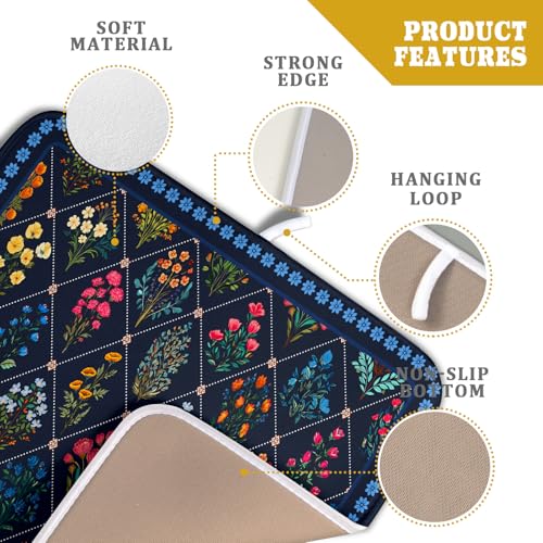 Lapis Blue Dish Drying Mat for Kitchen Counter Flowers Microfiber Absorbent Dish Draining Reusable Washable Small (Wildflowers Dark Blue / 18" x 16")