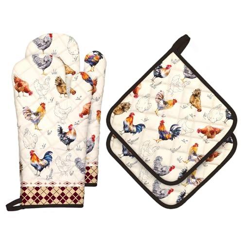 Farmhouse Rooster Oven Mitts and Pot Holders Set (Roosters / Oven Mitt x2 & Pot Holder x2)
