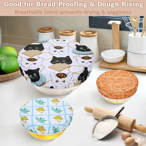 5Pcs Reusable Beeswax Elastic Bowl Covers for Bread Proofing and Food Cover (Toast Cat)