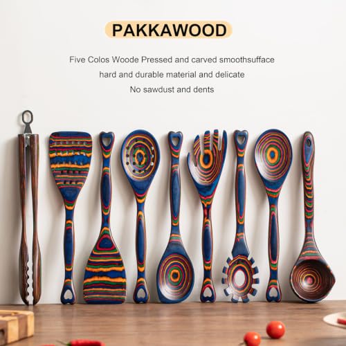 Pakkawood 9 Piece Rainbow Heart Wooden Utensils Set (9 PCS Rainbow)