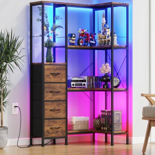 4 Tier Corner Bookshelf with LED Light Strips (Rustic Brown / 4 Tier)