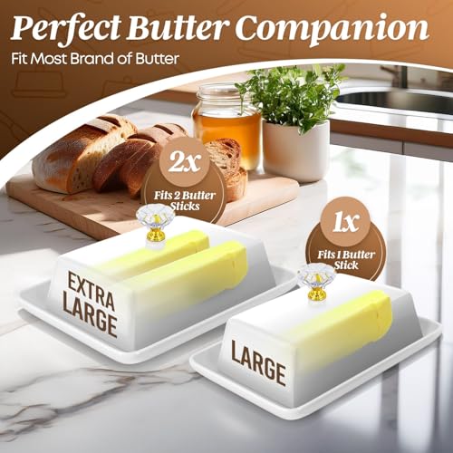 Large Ceramic Butter Dish with Lid & Crystal Handle (White – Crystal Handle / Large)
