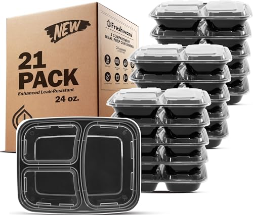 Meal Prep Containers [21 Pack] 3 Compartment with Lids (24OZ-21PK)