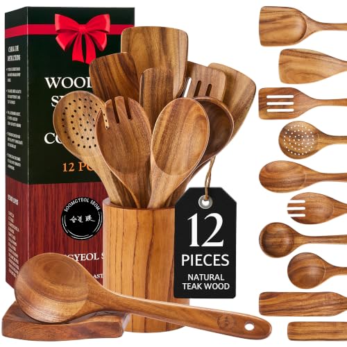 12 Piece Teak Wood Cooking Utensil Set With Holder (12 PCS Set)