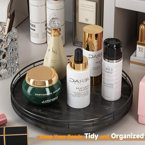 12 Inch Oak Lazy Susan Vanity Tray with Black Brush Gold Metal Rail