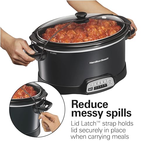 Portable 7 Quart Programmable Slow Cooker with Three Temperature Settings (Lid Latch Strap for Easy Travel, Black / 7 Quarts)