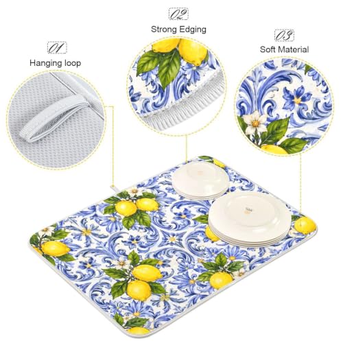 Lemon Blue Tiles Dish Drying Mat for Kitchen Counter Absorbent Microfiber Drying Pad (18" x 24")