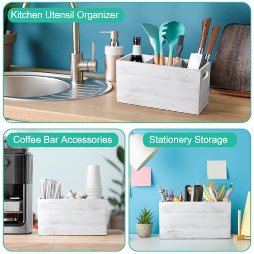 Rustic White Utensil Holder with Removable Divider (White / 3 Compatment)