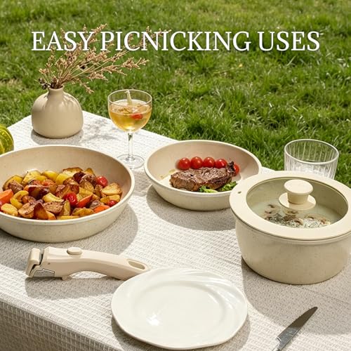 Ceramic Cookware Set Non Stick 8Pcs Pots and Pans Set Detachable Handle Induction Kitchen Cooking Set with Frying Pans Oven Dishwasher Safe (Cream White)