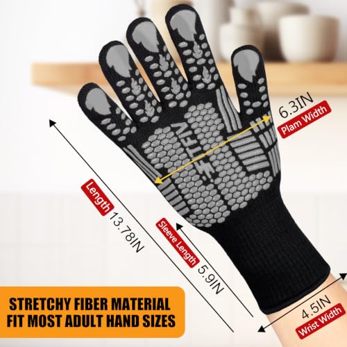BBQ Gloves 1472°F Heat Resistant with Silicone Grip Oven Mitts (Gray / Long (Glove L 13.78" × Palm W 6.33"))
