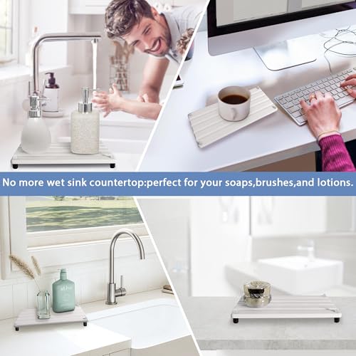 2 PCS Water Absorbing Stone Trays for Bathroom Sink Fast Drying Coasters (9.5" X 4.7" White)