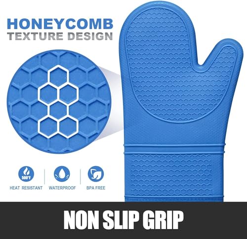 Silicone Oven Mitts and Pot Holders Sets (Blue)