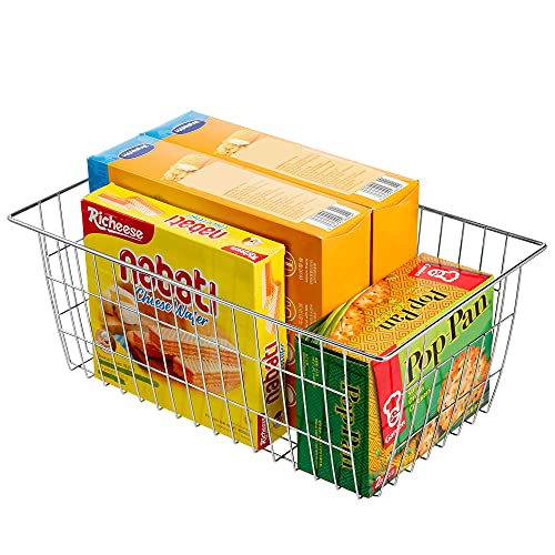 Wire Baskets Farmhouse Freezer Organizer Storage Bin Basket with Handles (Stainless Steel-3pack / 15.7"L x 9.5"W x 6.3"H)