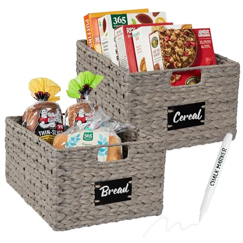 Pantry Baskets Set of 2 16x12in Water Hyacinth Storage Baskets (12x16x8in / Gray)