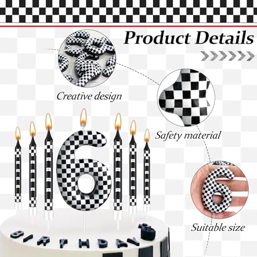 13 Pcs Racing Cars Themed Birthday Candles 12 Black and White Race Number 6 Checkered Candle Cake Topper for Racing Car Party Decoration Supplies (13 Count)