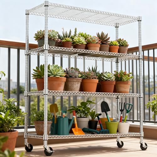 1400LBS 47.2" W 4 Tiers Storage Shelves Metal Shelving Unit with Wheels Heavy Duty Garage Shelving Adjustable Wire Shelves for Pantry (4 Tiers, 17.7"D x 47.2"W x 62.6"H / Chrome)