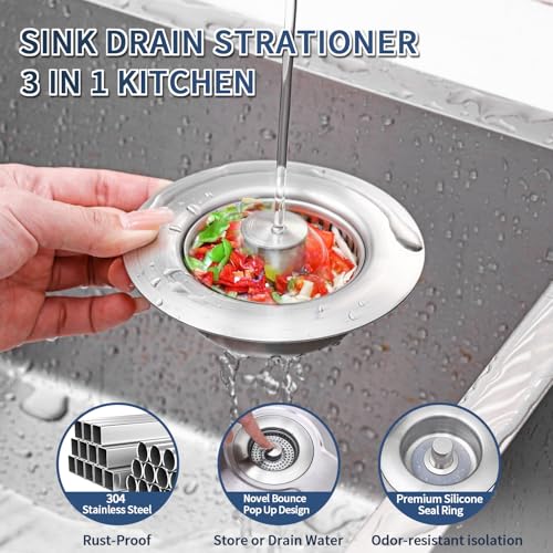 3-in-1 Kitchen Sink Drain Strainer & Sink Stopper - 304 Stainless Steel Pop Up Sink Drain Strainer, Anti-Clogging Kitchen Sink Stopper with Fast Drain Design, Fits Standard 3-1/2'' Sink Drains (Sus304 Brushed One Pack)