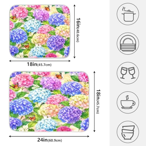 Hydrangea Flowers with Butterfly Dish Drying Mat for Kitchen Counter Absorbent Microfiber Large Drying Pad Dish mats for Kitchen Countertops 18 x 24 Inch (Spring Hydrangea Flowers / 24" x 18")