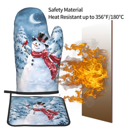 Blue Snowman Oven Mitts and Pot Holder Set of 2 Winter Snow Kitchen Gloves Potholders Heat Resistant for Chef Baking Cooking Grilling BBQ (Blue Snowman)