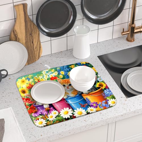 Funny Absorbent Dish Drying Mat Spring Cat Dish Drying Mats for Kitchen Counter Small (colorful Lovely Cat / 18" x 16")