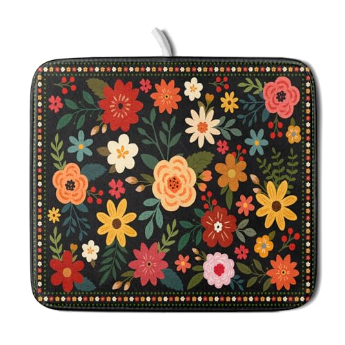 Boho Floral Dish Drying Mat 16x18 Inch Colorful Flower Dishes Dry Mats Absorbent Washable Drainer Rack Pad Protective Kitchen Counter Decor (Black Boho Floral / 16" x 16")