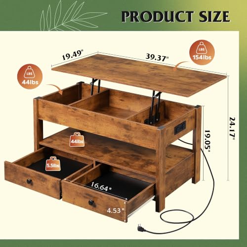 Lift Top Coffee Table with LED and 2 Drawers (Led+brown / 39" with Drawer)