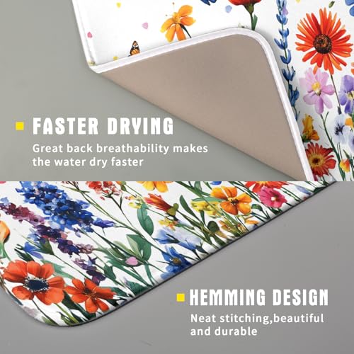 Watercolor Flower Dish Drying Mat 16x18 Inch Floral Butterfly Dish Drainer Protector Pad Washable Reversible Kitchen Counter Dish Dry Pad (Watercolor Flower / 16" x 16")